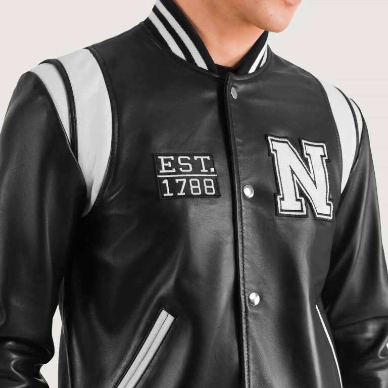 Mens Liberte New York Black Leather Varsity Jacket Close Front-5-1704186570399